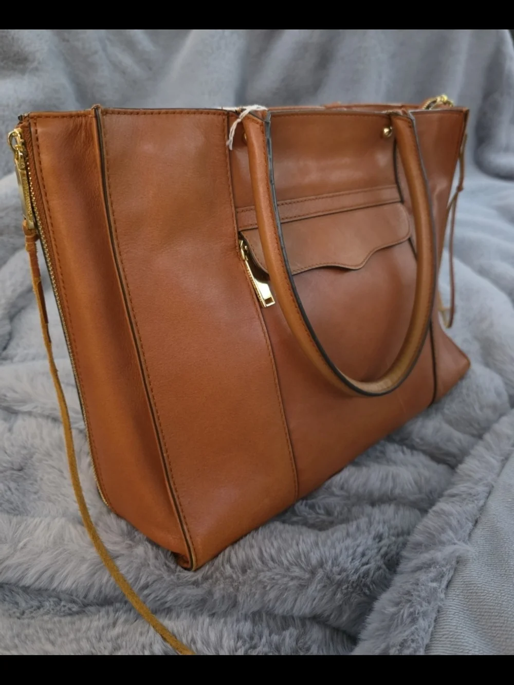 Rebecca Minkoff MAB Morning After Leather Tote Bag Cognac Tan Fringe Zip
